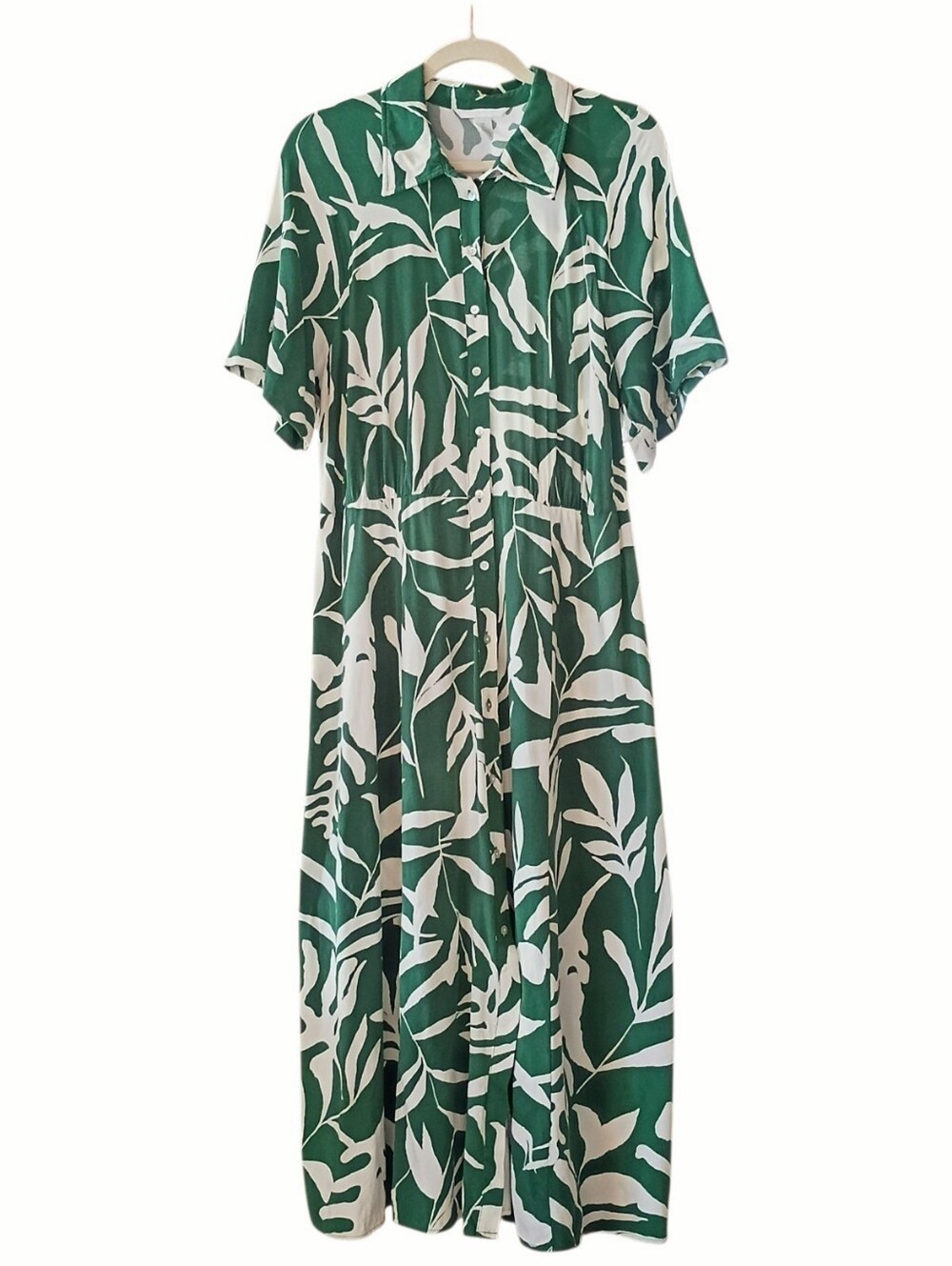 H&M Women's Shirt Dress Green Cream Rayon Button Down Maxi LARGE
